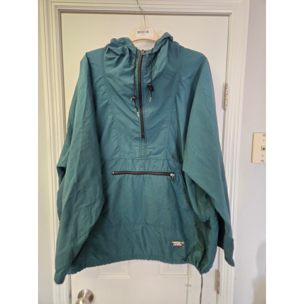 Vintage LL Bean Anorak Windbreaker Teal Green Half Zip Hooded Jacket 2X XXL